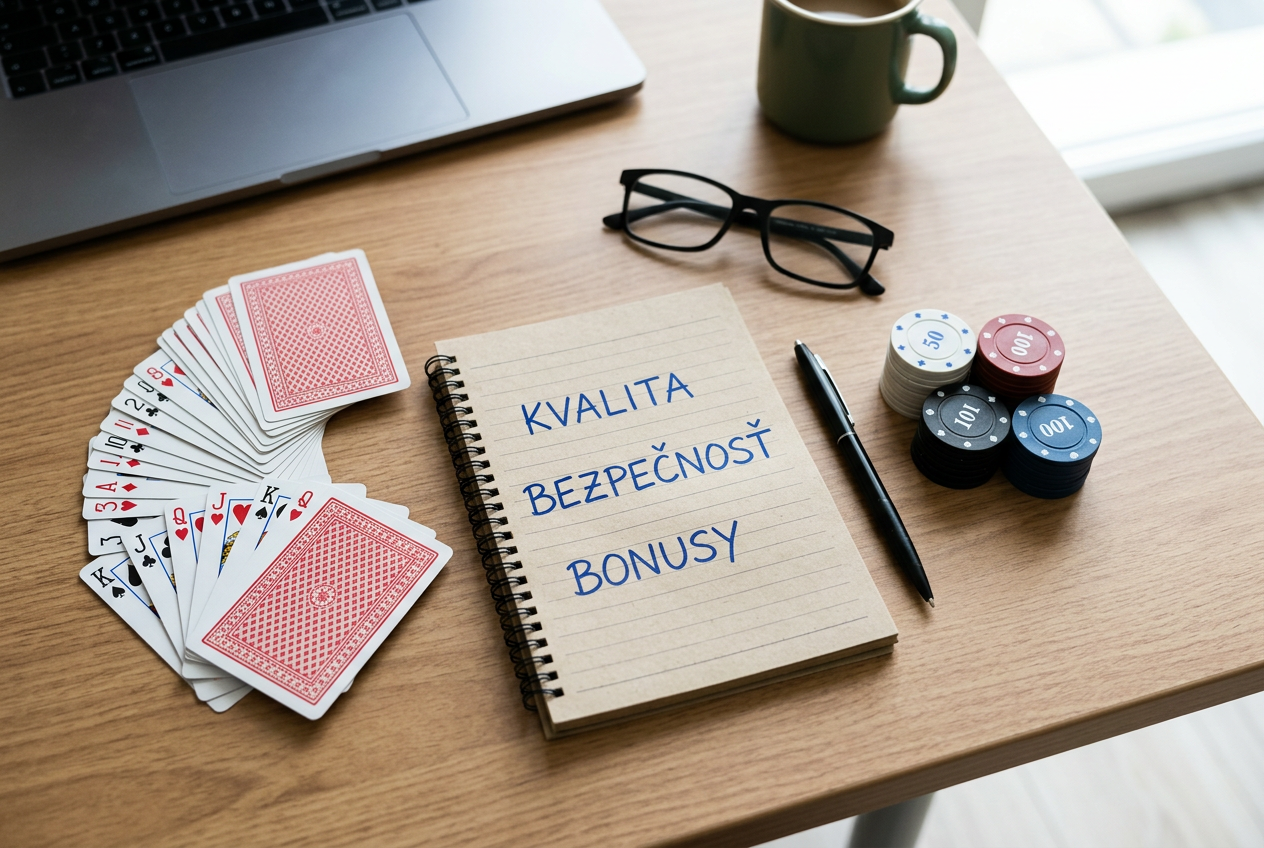 Analýza online kasína s kartami, žetónmi a poznámkovým blokom na stole.