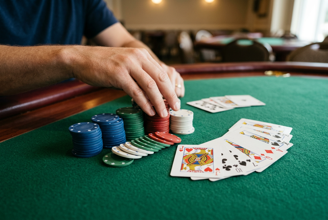 Detailný záber na naskladané pokerové žetóny a vejárovito rozložené karty na zelenom plátne